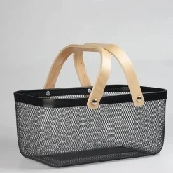 Tom Küche & Esszimmer-Aufbewahrungskorb aus Eisengeflecht mit Holzgriff – stilvoller Organizer für Küche und Bad