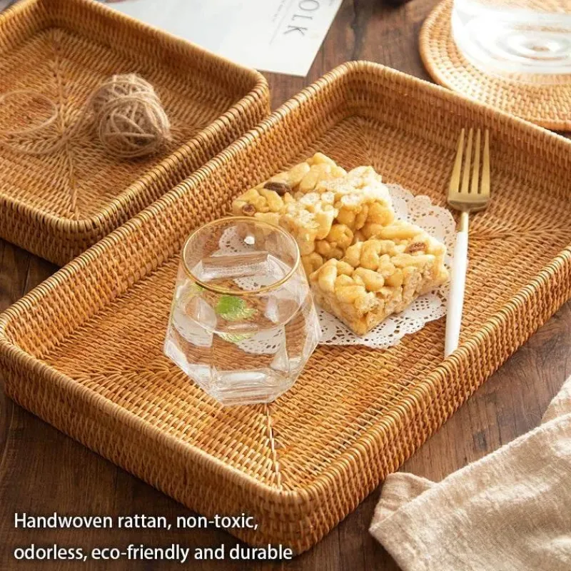 Feast u0026 Flair Küche & Esszimmer-Aufbewahrungstablett aus Rattangeflecht – quadratische Speiseplatte als Küchendekor