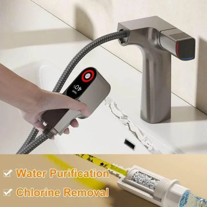 Tranquil Waters Badezimmer|Küche & Esszimmer-Ausziehbarer Wasserfilter LED-Temperaturregler-Wasserhahn