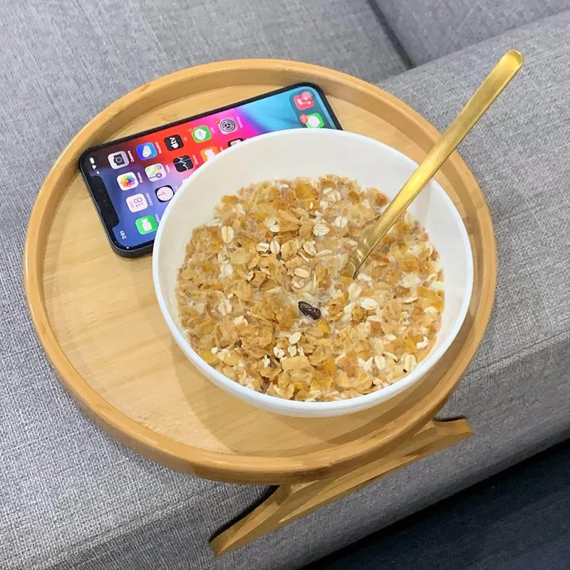 Cozy Living Möbel|Heimwerkzeuge-Bamboo Clip-On Tray - Round Sofa Armrest Organizer