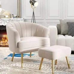 Comfort u0026 Style Möbel-Beiger Schalensessel - Bequemer Wohnzimmersessel mit goldenen Beinen