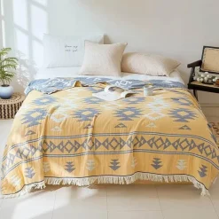 Wrap u0026 Relax Bettzeug-Böhmische Baumwoll-Überwurfdecke – vierlagige Gaze-Tagesdecke mit Quasten