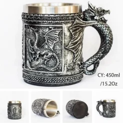 Feast u0026 Flair Küche & Esszimmer-Bierkrug im Retro-Stil mit silbernem Drachenmotiv – 450 ml Edelstahlkrug