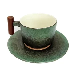 Tom Küche & Esszimmer-Blaues Retro-Kaffeetassen-Set aus Keramik mit Untertasse und Holzgriff – 130 ml