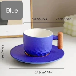 Tom Küche & Esszimmer-Blaues Retro-Kaffeetassen-Set aus Keramik mit Untertasse und Holzgriff – 130 ml