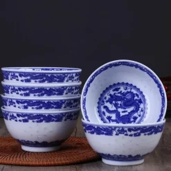 Elegance at the Table Küche & Esszimmer-Blau-weißes Reisschüssel-Set aus Porzellan mit Drachenmotiv – dekoratives asiatisches Geschirr
