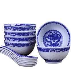 Elegance at the Table Küche & Esszimmer-Blau-weißes Reisschüssel-Set aus Porzellan mit Drachenmotiv – dekoratives asiatisches Geschirr