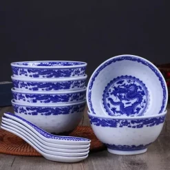 Elegance at the Table Küche & Esszimmer-Blau-weißes Reisschüssel-Set aus Porzellan mit Drachenmotiv – dekoratives asiatisches Geschirr
