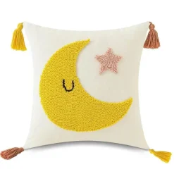 The Cushion Corner Bettzeug|Wohndeko-Boho Regenbogen Mond Kissenbezug - Gelbes Quastenkissen 45x45cm