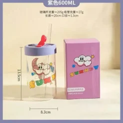 Plates u0026 More Küche & Esszimmer-Cartoon-Glasbecher mit Deckel und Strohhalm – 600 ml Trinkgeschirr