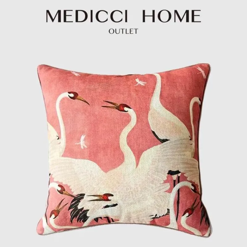 Pillow Haven Bettzeug-Dekorativer Kissenbezug im Retro-Stil – 45 x 45 cm, tanzender Kranich