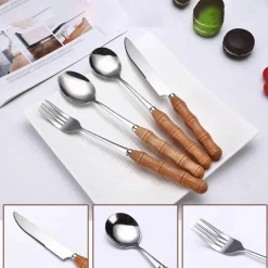 Tom Küche & Esszimmer-Dessertbesteck-Set aus Edelstahl mit eleganten Holzgriffen