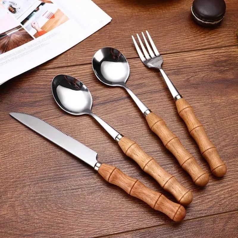 Tom Küche & Esszimmer-Dessertbesteck-Set aus Edelstahl mit eleganten Holzgriffen