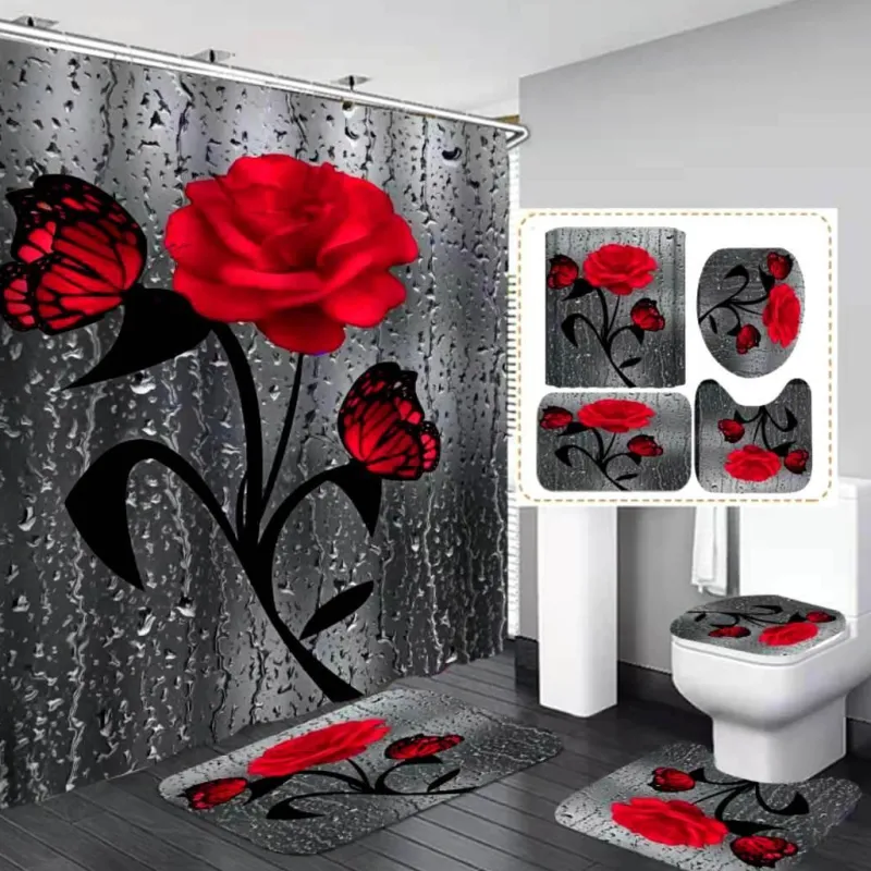 Aqua Essence Badezimmer-Duschvorhang-Set mit Tulpenblumenmuster – Badezimmer-Dekor-Akzent