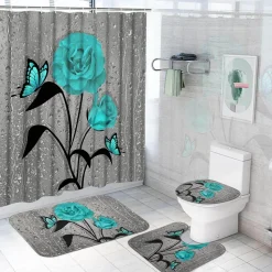 Aqua Essence Badezimmer-Duschvorhang-Set mit Tulpenblumenmuster – Badezimmer-Dekor-Akzent