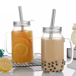 Plates u0026 More Küche & Esszimmer-Einmachglas-Becher mit Henkeln – Klares Trinkgeschirr mit Strohhalm