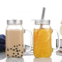 Plates u0026 More Küche & Esszimmer-Einmachglas-Becher mit Henkeln – Klares Trinkgeschirr mit Strohhalm