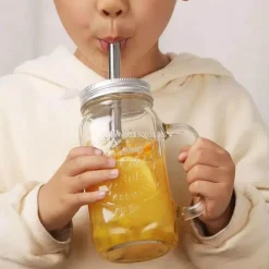 Plates u0026 More Küche & Esszimmer-Einmachglas-Becher mit Henkeln – Klares Trinkgeschirr mit Strohhalm