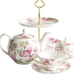 Feast u0026 Flair Küche & Esszimmer-Elegantes Royal Rose Teeservice - Teekanne, Teetassen, Milchkännchen, Zuckerdose, Untertasse