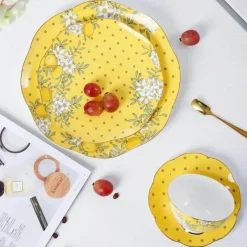 Feast u0026 Flair Küche & Esszimmer-Elegantes Teeservice aus Knochenporzellan – Zitronenbaum-Tasse und Untertasse, Schwarztee-Set