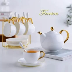 Feast u0026 Flair Küche & Esszimmer-Elegantes Teeservice aus Bone China – Teetassen und Teekanne aus weißem Gold