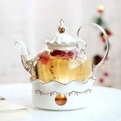 Elegance at the Table Küche & Esszimmer-Elegantes Teeservice aus Porzellan mit Kerzenwärmer aus Glas – das perfekte Geschenk für Teeliebhaber