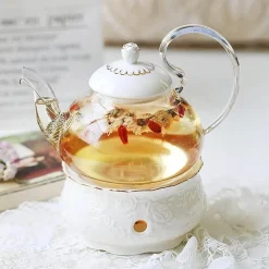 Elegance at the Table Küche & Esszimmer-Elegantes Teeservice aus Porzellan mit Kerzenwärmer aus Glas – das perfekte Geschenk für Teeliebhaber