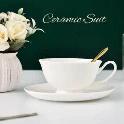 Plates u0026 More Küche & Esszimmer-Elegantes Teetassen-Set aus Bone China – Schwarzes Kaffeegeschirr mit Untertasse und Löffel