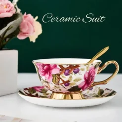 Plates u0026 More Küche & Esszimmer-Elegantes Teetassen-Set aus Bone China – Schwarzes Kaffeegeschirr mit Untertasse und Löffel