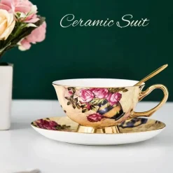 Plates u0026 More Küche & Esszimmer-Elegantes Teetassen-Set aus Bone China – Schwarzes Kaffeegeschirr mit Untertasse und Löffel