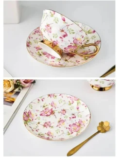 Plates u0026 More Küche & Esszimmer-Elegantes Teetassen-Set aus Bone China – Schwarzes Kaffeegeschirr mit Untertasse und Löffel