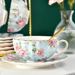 Feast Essentials Küche & Esszimmer-Elegantes Teetassen-Set mit Blumenmotiv – inklusive Löffel und Untertasse