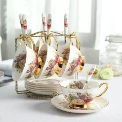 Feast u0026 Flair Küche & Esszimmer-Elegantes Teetassen-Set mit Blumenmuster – Premium Bone China mit Untertasse und Löffel