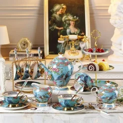 The Cozy Mug Küche & Esszimmer-Europäisches Tee- und Kaffeeset mit blauem Vogel – Tasse aus Knochenporzellan, Teekanne, Zuckerdose, Milchkännchen