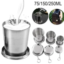 Adventure Basecamp Camping Im Freien|Küche & Esszimmer-Faltbarer tragbarer Campingbecher aus Edelstahl mit Schlüsselanhänger