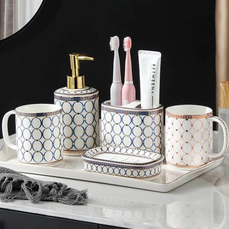 The Bath Nook Badezimmer-Gold Ceramic Circle Print Bathroom Set - Elegant Decor for Home