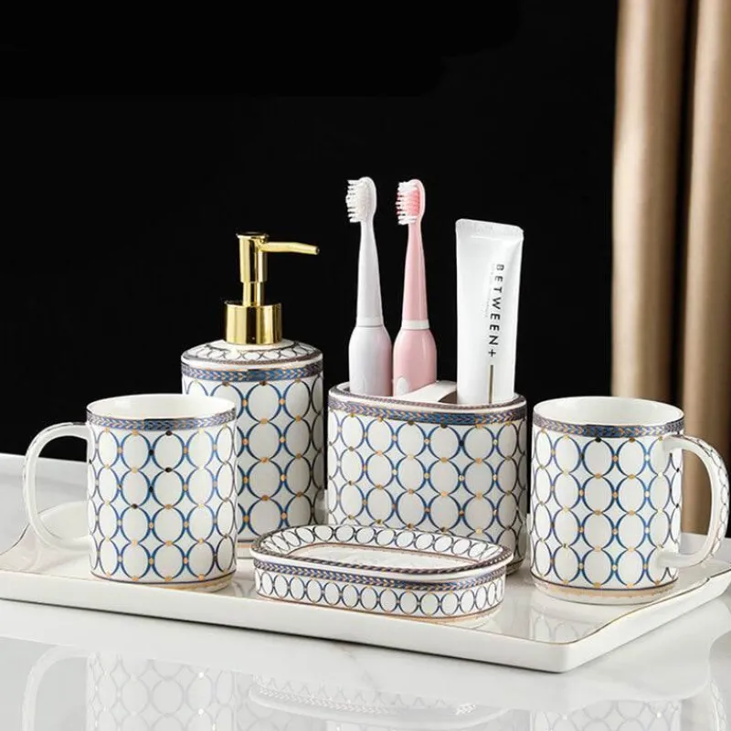 The Bath Nook Badezimmer-Gold Ceramic Circle Print Bathroom Set - Elegant Decor for Home