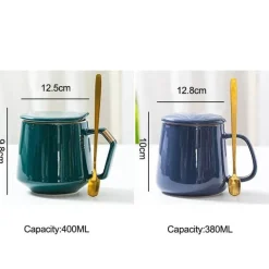 Tom Küche & Esszimmer-Goldenes Keramikbecher-Set mit Deckel und Löffel – 400 ml für Kaffee, Wasser und Milch