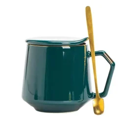 Tom Küche & Esszimmer-Goldenes Keramikbecher-Set mit Deckel und Löffel – 400 ml für Kaffee, Wasser und Milch