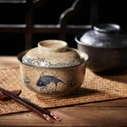 Elegance at the Table Küche & Esszimmer-Große Keramik-Ramenschüssel mit Deckel – Retro-Suppen- und Salatteller