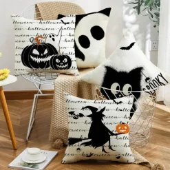 Pillow Haven Bettzeug-Halloween Kissenbezug - Schwarze Hexe Geist Leinen Kissenbezug