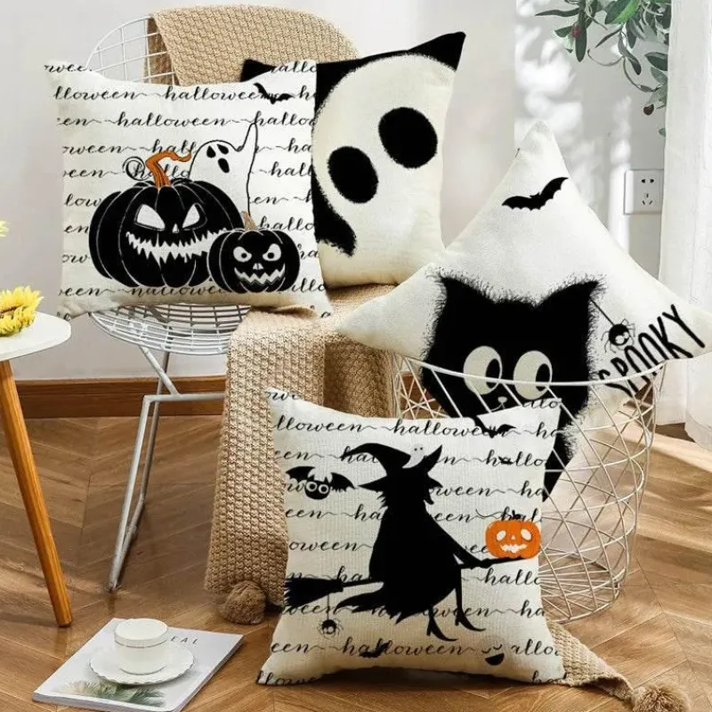 Pillow Haven Bettzeug-Halloween Kissenbezug - Schwarze Hexe Geist Leinen Kissenbezug