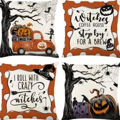 Pillow Haven Bettzeug-Halloween Kissenbezug - Schwarze Hexe Geist Leinen Kissenbezug