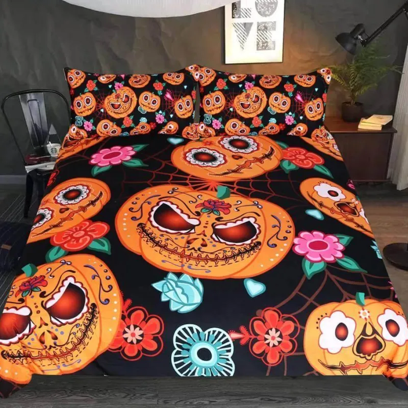 Cozy Haven Bettzeug-Halloween Kürbis Blumen Bettbezug Set - Festliche Bettwäsche