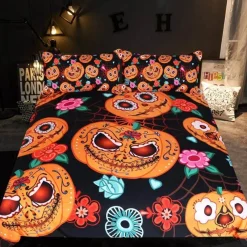 Cozy Haven Bettzeug-Halloween Kürbis Blumen Bettbezug Set - Festliche Bettwäsche