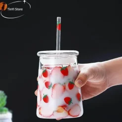 Plates u0026 More Küche & Esszimmer-Handgefertigtes Glasbecher-Set – 600 ml Erdbeer-Kaltgetränkebecher mit Trinkhalmen