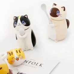 The Cozy Mug Küche & Esszimmer-Handgemachte Katzen-Kaffeetasse mit Löffel - Süße Keramiktasse