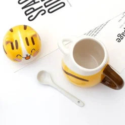 The Cozy Mug Küche & Esszimmer-Handgemachte Katzen-Kaffeetasse mit Löffel - Süße Keramiktasse