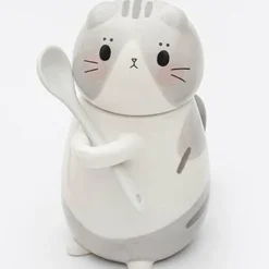 The Cozy Mug Küche & Esszimmer-Handgemachte Katzen-Kaffeetasse mit Löffel - Süße Keramiktasse