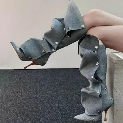 Damen Wilderness Haven Damenschuhe-High Heel Denim Boots für Damen – Stylische lange Jeansschuhe